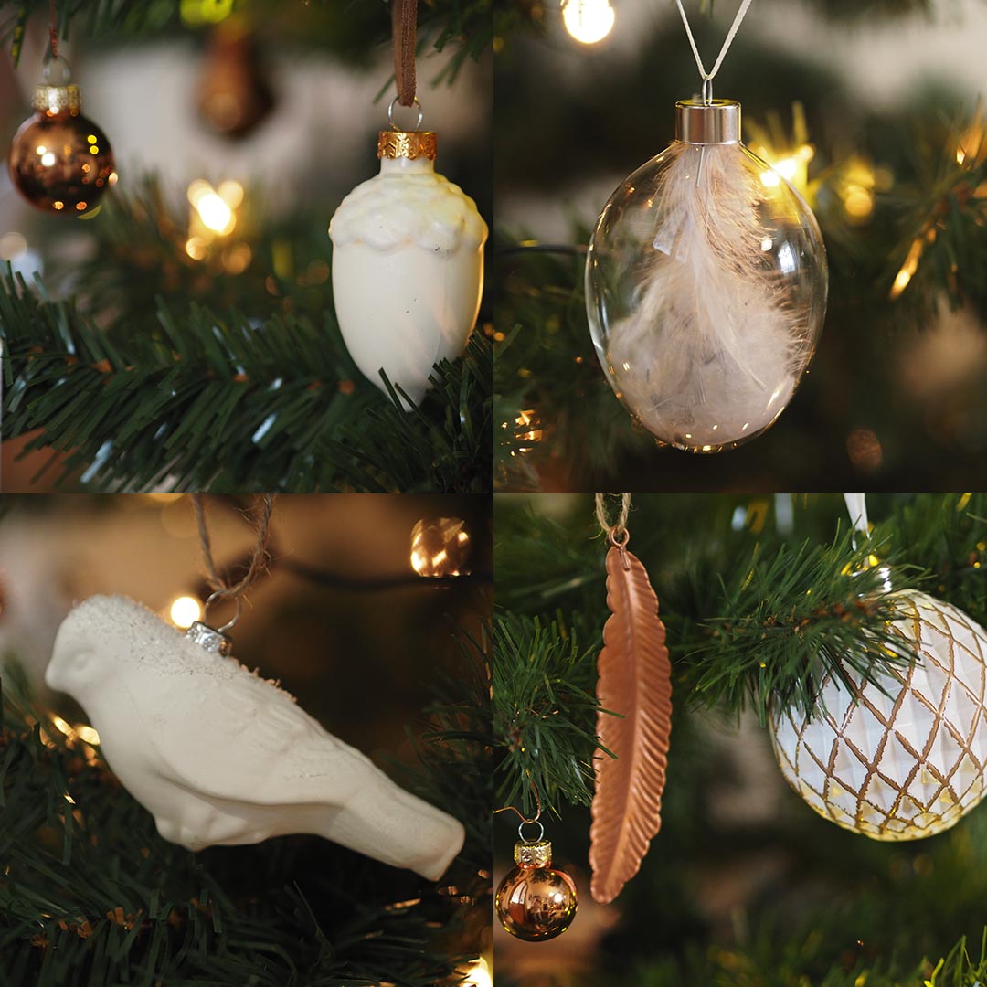 white and copper christmas decorations