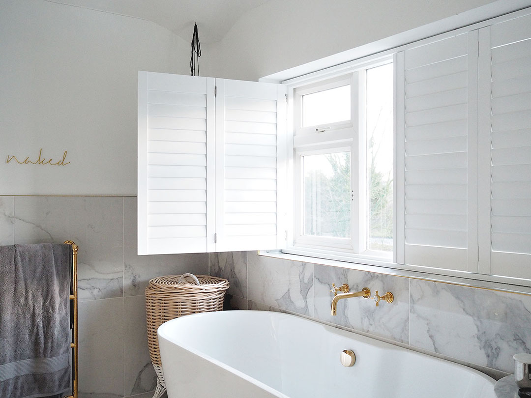 White DIY Window Shutters Bathroom